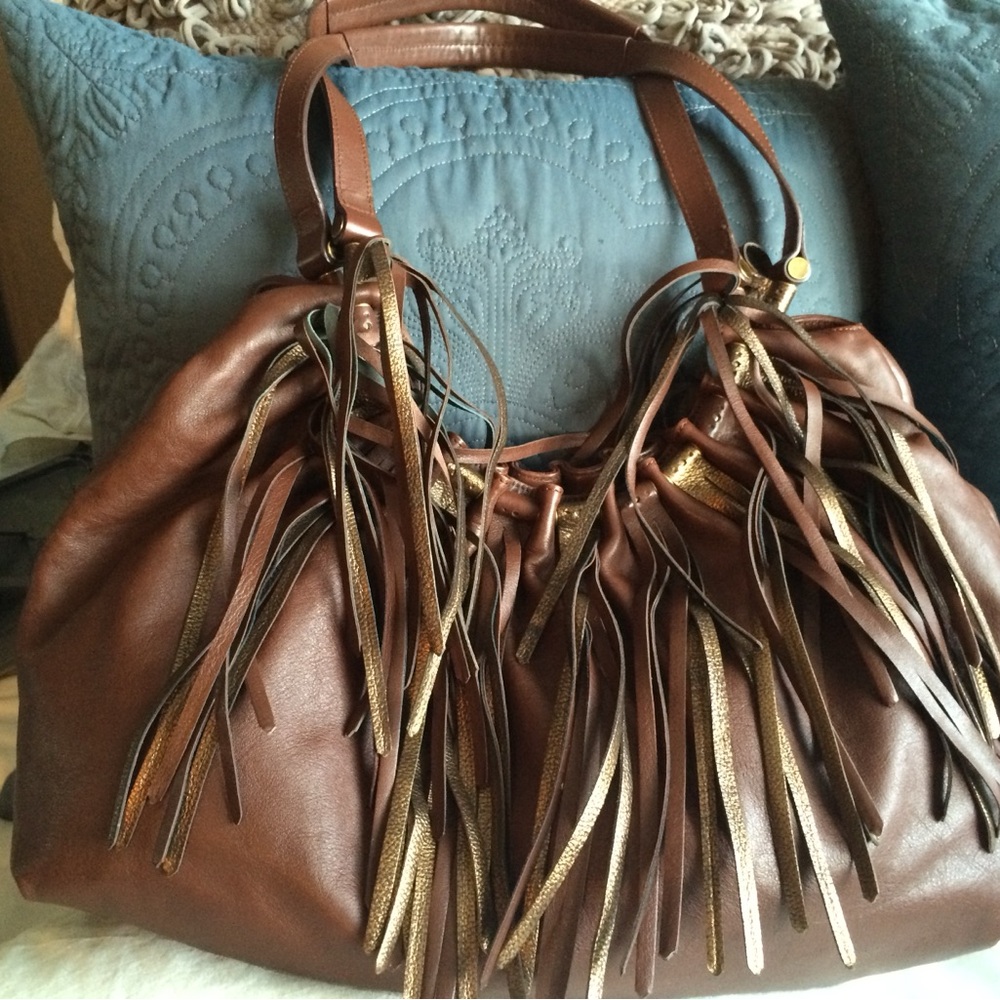 Brown and Gold Fringe Shoulder Bag with Luxurious Leather